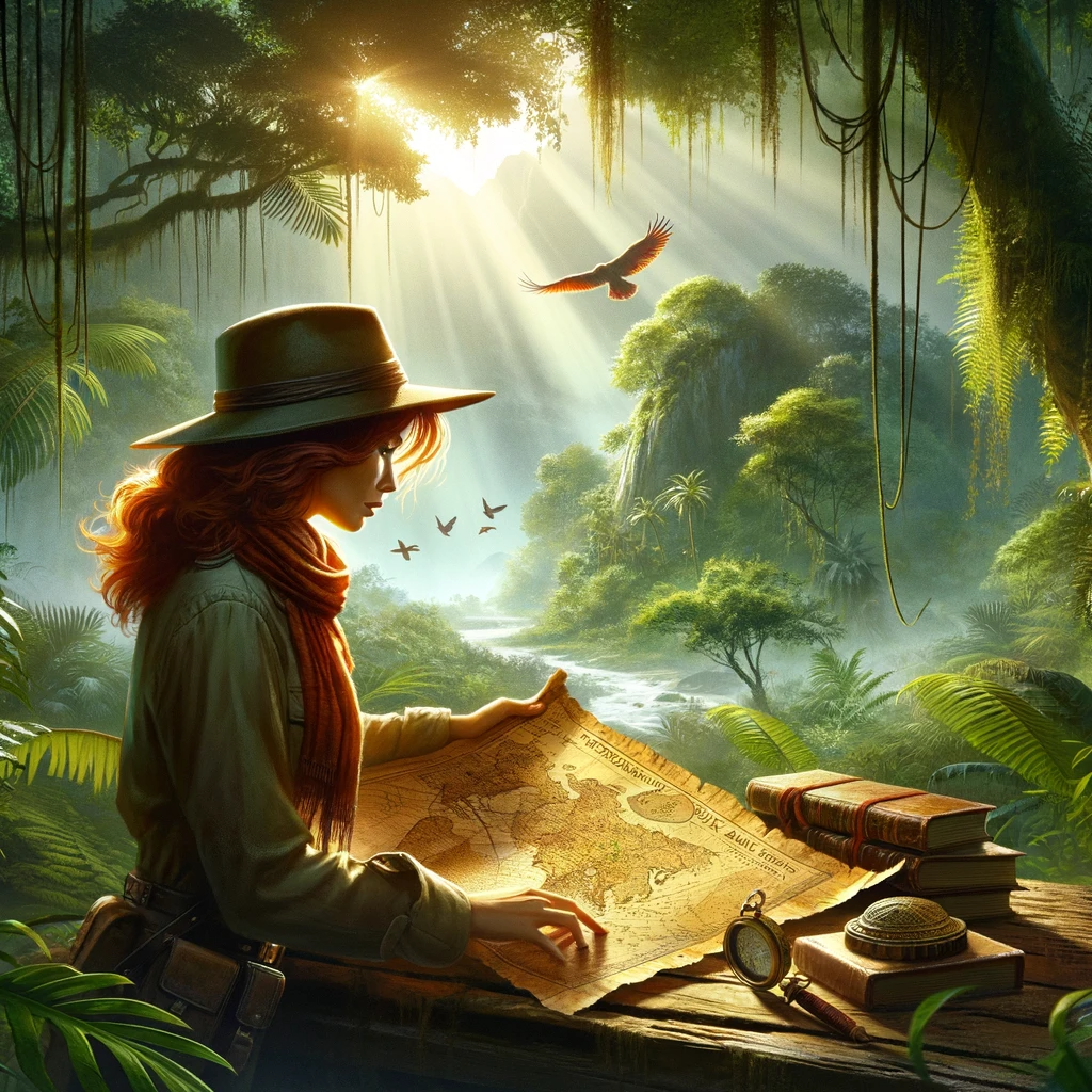 "Annabelle, with fiery red hair and an explorer's hat, standing in a jungle, looking at an ancient map, with exotic birds and a distant misty mountain in the background."