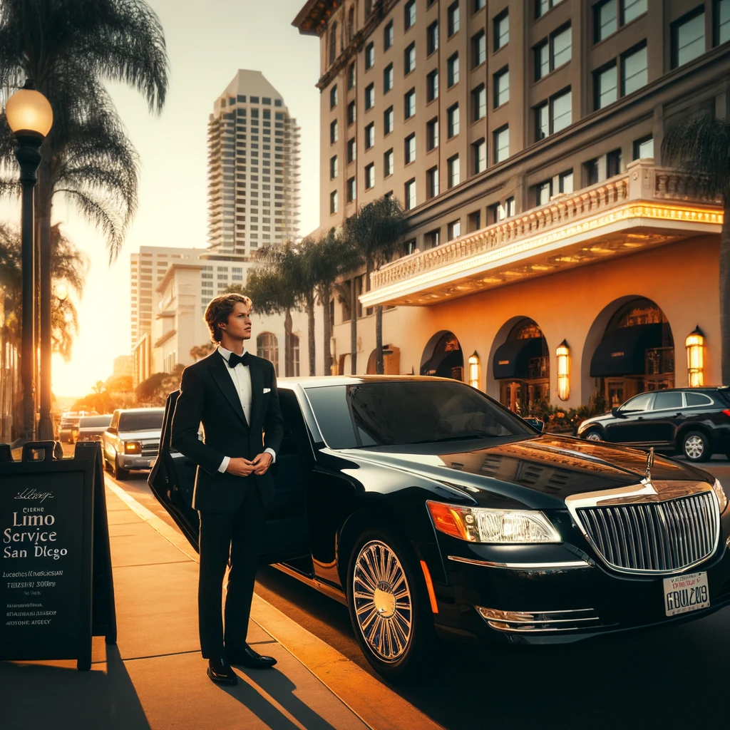 Luxurious limo service in San Diego with chauffeur waiting by an open car door.
